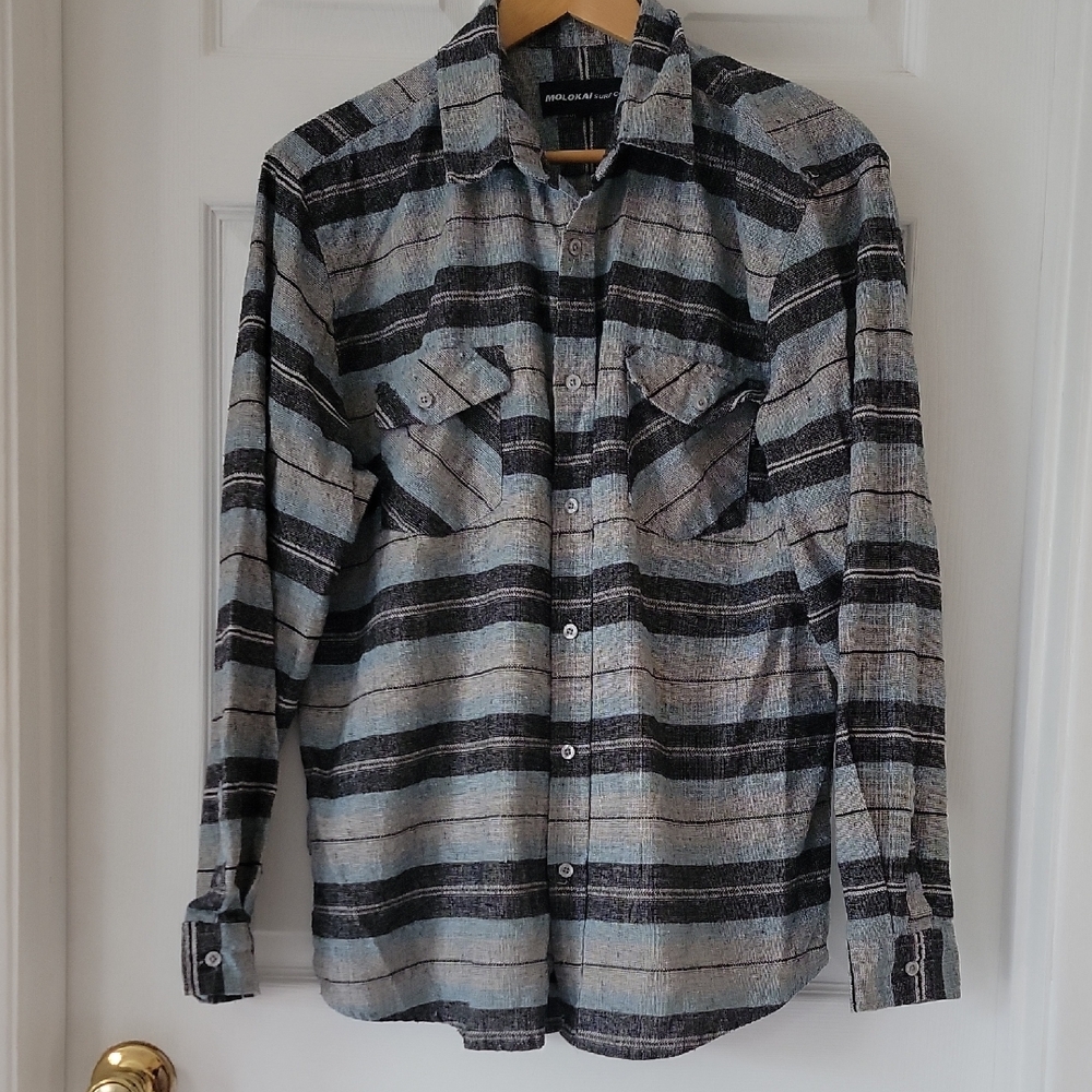 Molokai Men's Black and Gray Casual Button Down Long Sleeve Shirt XL